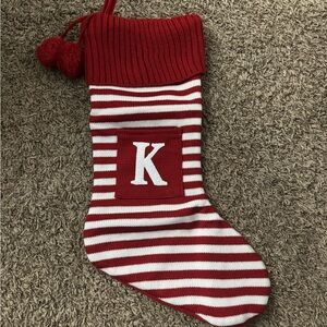 Red & White Striped Holiday Stocking - Letter K